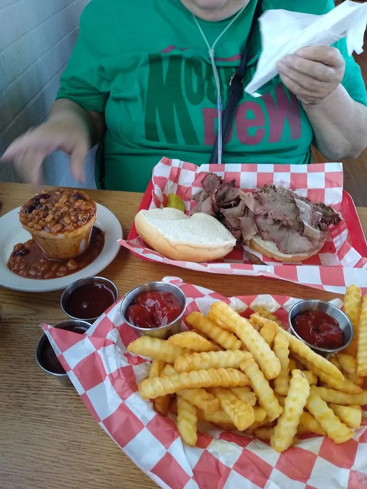 Baked Beans French Fries and Brisket Sandwich